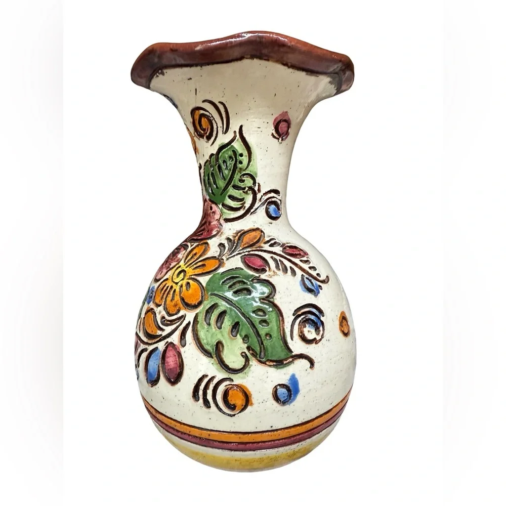 Vintage Hand Painted Italian Pottery 8” Vase with Floral Design